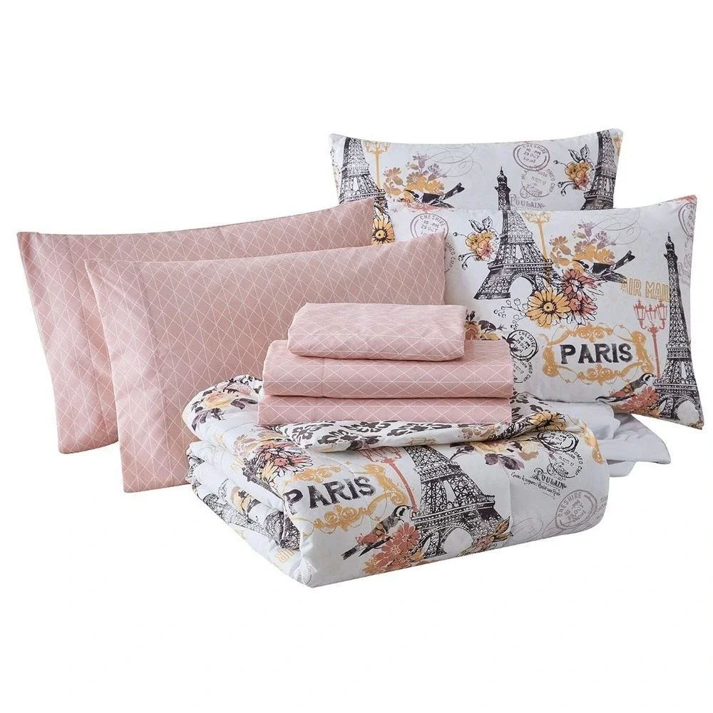 Avondale Manor 8-Piece Cherie Comforter Set Queen Coral Paris Eiffel Tower NEW